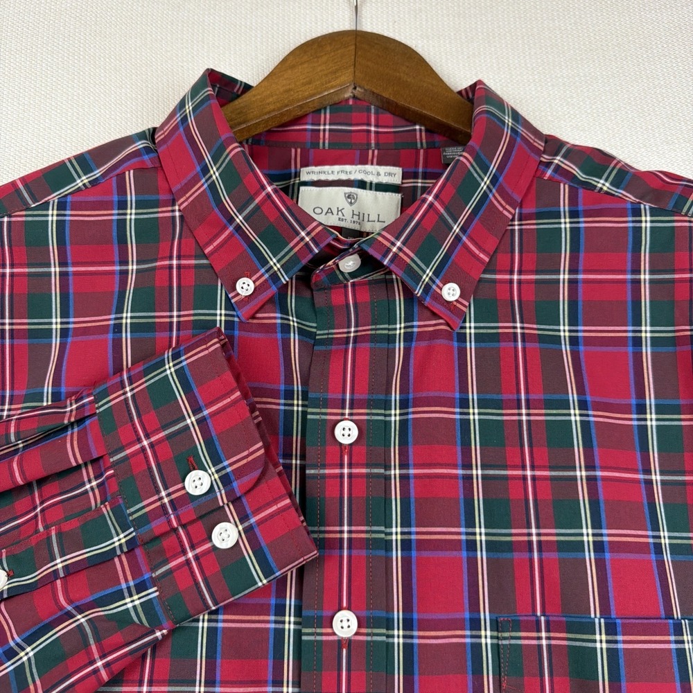 Oak Hill Plaid Tartan Button Down Shirt Mens 1XL Red Check Wrinkle Free Cotton